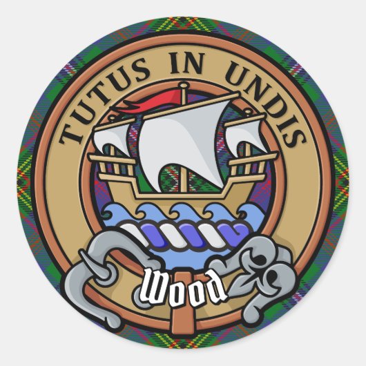 Clan Wood Wappen über Tartan Runder Aufkleber (Vorderseite)