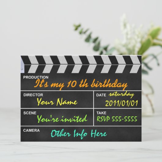 Clapperboard-Kino Einladung (Stehend Vorderseite)