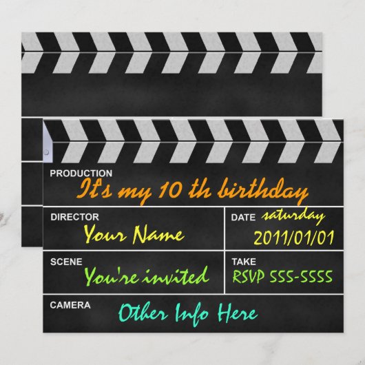 Clapperboard-Kino Einladung (Vorne/Hinten)
