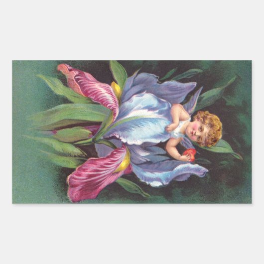 Clapsaddle: Blume Cherub Iris Rechteckiger Aufkleber (Vorderseite)