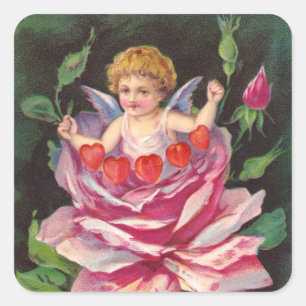 Clapsaddle: Blumencherub Rose Quadratischer Aufkleber