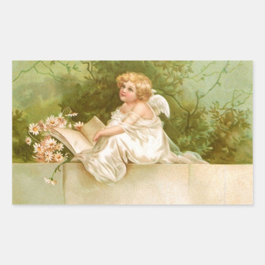 Clapsaddle: Engel mit Buch und Blume Rechteckiger Aufkleber (Vorderseite)