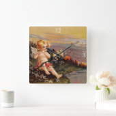 Clapsaddle: Little Cherub with Flute and Birds Quadratische Wanduhr (Zuhause)