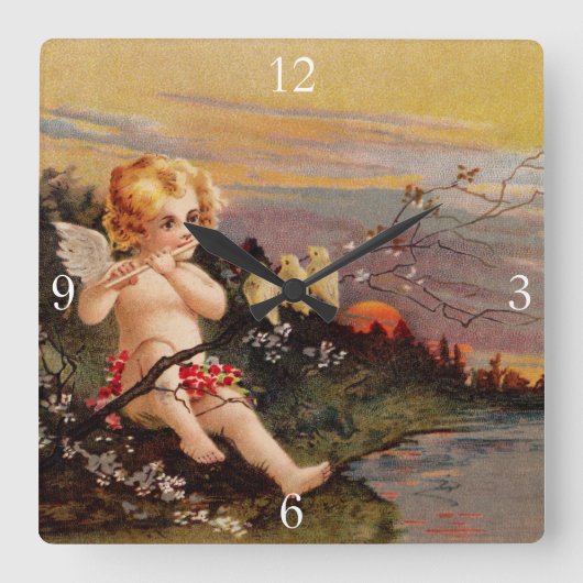 Clapsaddle: Little Cherub with Flute and Birds Quadratische Wanduhr (Vorderseite)