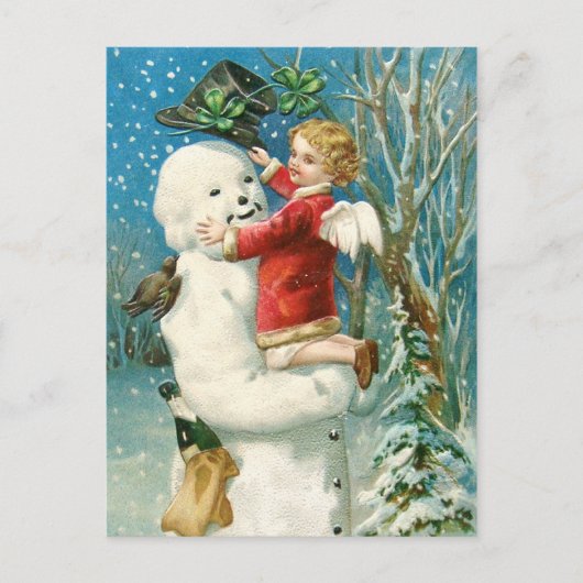 Clapsaddle: Schneemann mit Engel Mädchen Postkarte (Vorderseite)