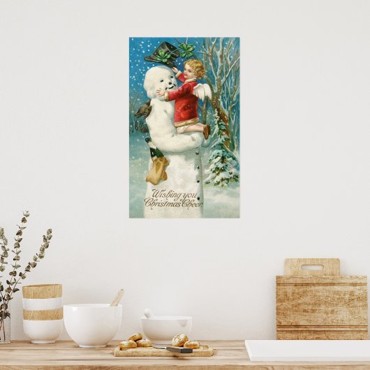 Clapsaddle: Snowman mit Angel Girl Poster (Küche)