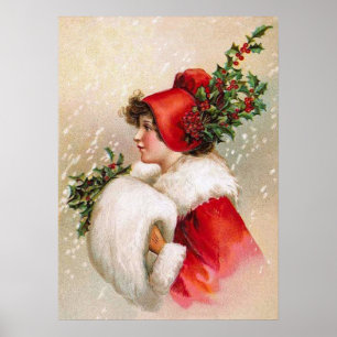 Clapsaddle: Winter-Mädchen mit Stechpalmen-Hut Poster