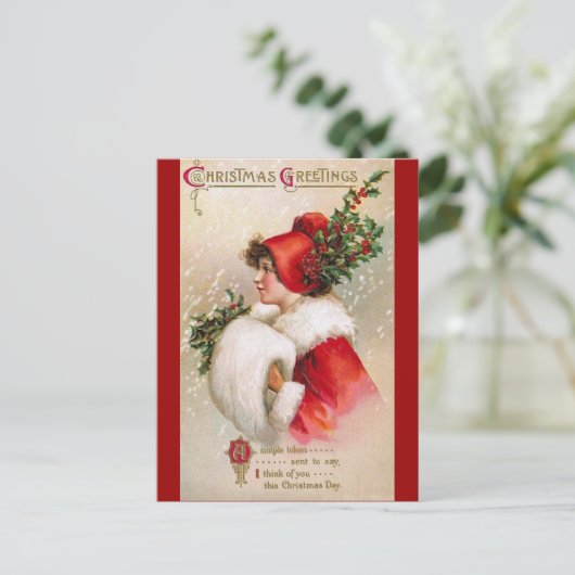 Clapsaddle: Winter-Mädchen mit Stechpalmen-Hut Postkarte (Stehend Vorderseite)