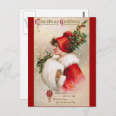 Clapsaddle: Winter-Mädchen mit Stechpalmen-Hut Postkarte (Vorne/Hinten)