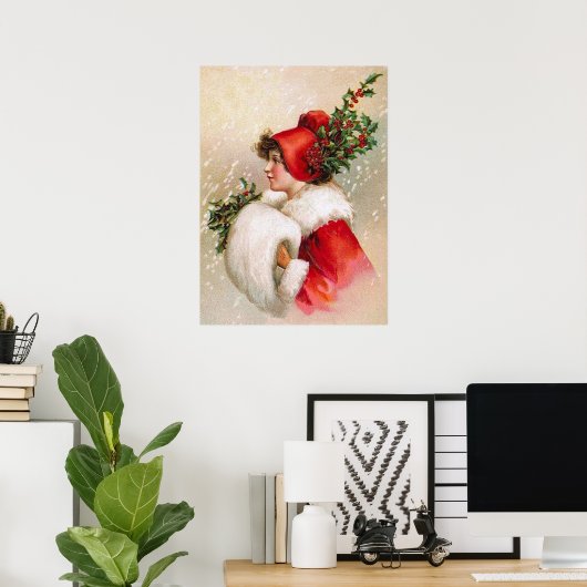 Clapsaddle: Wintermädchen mit Holly Hat Poster (Heimbüro)