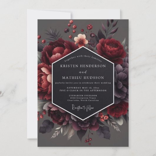 Claret Chiaroscuro Bloom Hochzeit Einladung (Vorderseite)