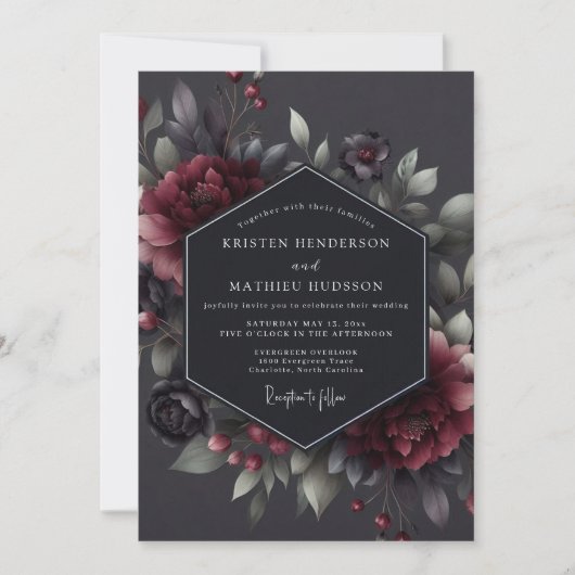 Claret Düstere Flora Hochzeit Einladung (Vorderseite)