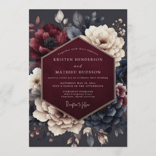 Claret Midnight Flora Hochzeit Einladung (Vorderseite)