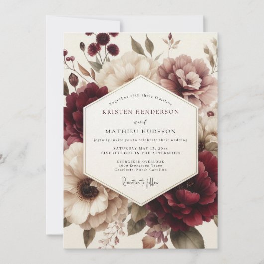 Claret Moody Bloom Hochzeit Einladung (Vorderseite)