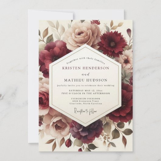Claret Romantic Bloom Wedding Einladung (Vorderseite)