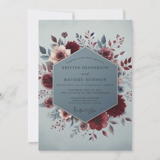 Claret Slate Painterly Bloom Wedding Einladung (Vorderseite)