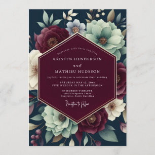 Claret Teal Shadowy Bloom Hochzeit Einladung