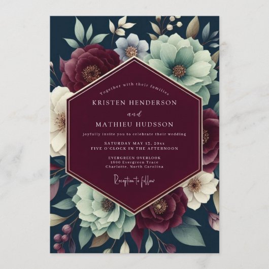 Claret Teal Shadowy Bloom Hochzeit Einladung (Vorderseite)
