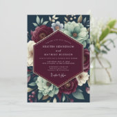 Claret Teal Shadowy Bloom Wedding Einladung (Stehend Vorderseite)