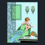 Clarice's Letter - Art-Deco-Mode-Design Poster<br><div class="desc">Clarice sitzt in ihrem Abend in einem Stuhl des modernen Dekos und liest einen Brief. Ihr Kleid hat eine kontrastreiche Sash und stilisierte Blumen aus den 20er Jahren auf dem Rock. Im Hintergrund sind die skallopierten Wandkonturen, die wirbelnde, weiße Metallarbeit und ein gerahmtes Bild mit passenden Wirbel. Das Kunstwerk an...</div>