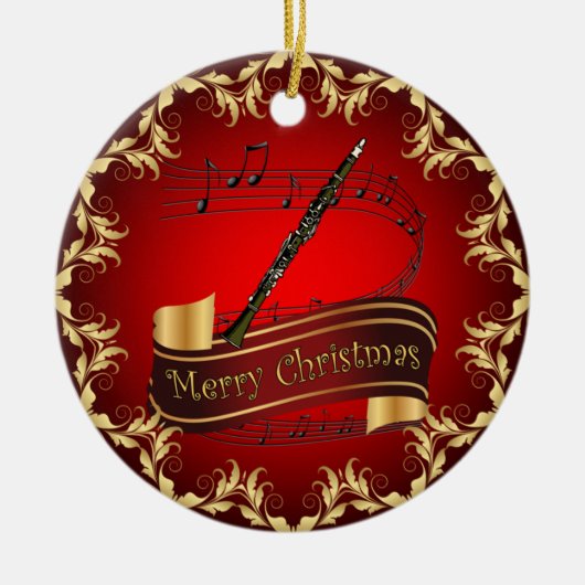 Clarinet ~ Musical Scroll ~ Frohe Weihnachten ~ Keramik Ornament (Vorne)