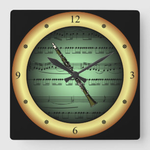 Clarinet ~ Sheet Music ~ Green/Gold Background ~ Quadratische Wanduhr