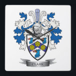 Clark Coat of Arms Quadratische Wanduhr<br><div class="desc">Get your Clark surname family crest or coat of arms printed on all these inexpensive gifts.  English Clark Family Crest and Clark Coat of Arms</div>