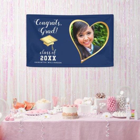 Class 2025 Grad Foto Navy Blue White Abschluss Banner (Party)