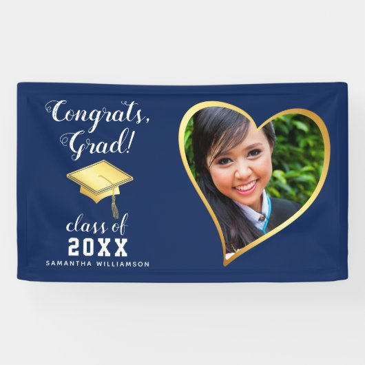 Class 2025 Grad Foto Navy Blue White Abschluss Banner (Horizontal)