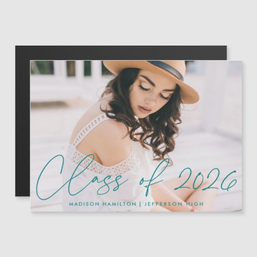 Class of 2023 Teal Script Photo Graduation Magneteinladung (Vorne/Hinten)