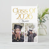 Class of 2026 2 Photo Twins Black Gold Typography Einladung (Stehend Vorderseite)