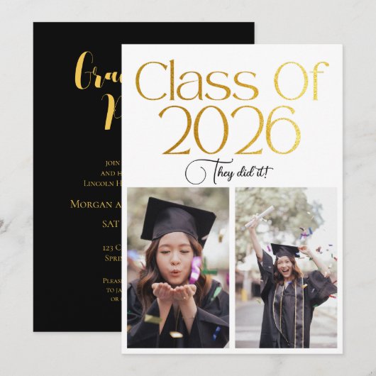 Class of 2026 2 Photo Twins Black Gold Typography Einladung (Vorne/Hinten)