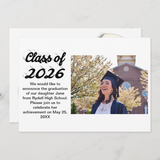 Class of 2026 black script graduation photo  einladung (Vorne/Hinten)