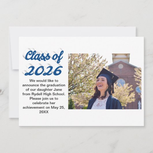 Class of 2026 blue script  graduation photo einladung (Vorderseite)