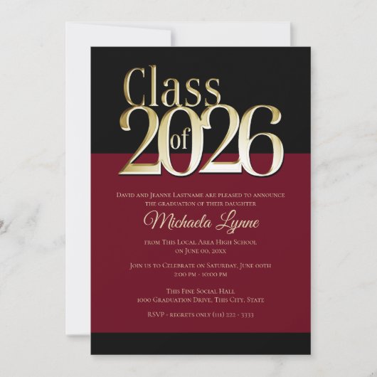 Class of 2026 Burgundy and Gold Grad Invitation Einladung (Vorderseite)