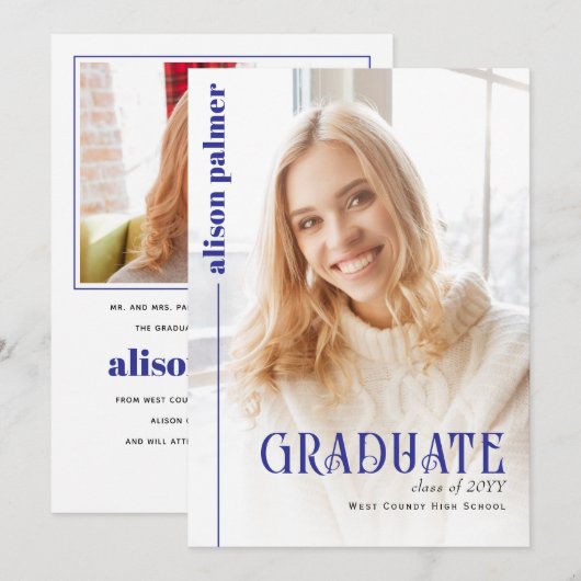 Class of 2026 GRADUATE minimalist blue photo Ankündigung (Vorne/Hinten)
