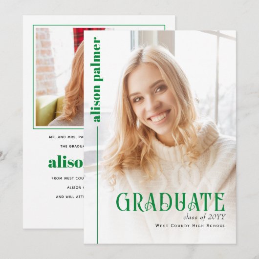 Class of 2026 GRADUATE minimalist green photo Ankündigung (Vorne/Hinten)