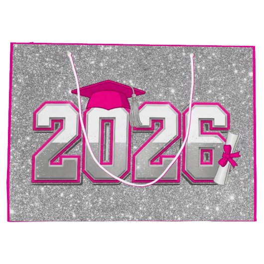 Class of 2026 Hot Pink Silver Glitter Varsity Grad Große Geschenktüte (Rückseite)