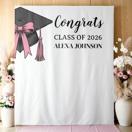 Class Of 2026 Pink Bow Graduation Cap Backdrop Wandteppich