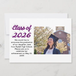 Class of 2026 purple script graduation photo einladung