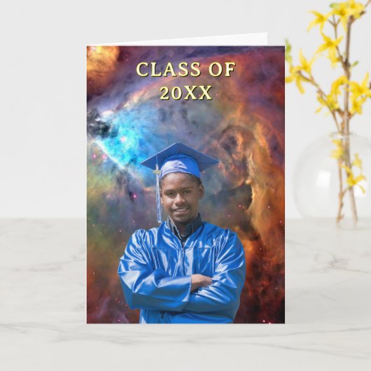 Class of 20XX Custom Photo Orion Nebula Graduation Karte (Gelbe Blume)