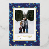 Classi Blue gold Menorah Stars 3 Fotos Hanukkah Folien Feiertagskarte (Vorderseite)