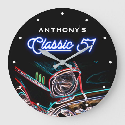 Classic 57 1957 Chevy Neon Effect Car Black Retro Große Wanduhr (Vorderseite)