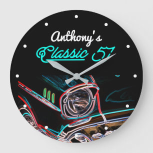 Classic 57 Chevy Neon Effect Script Black Retro Große Wanduhr