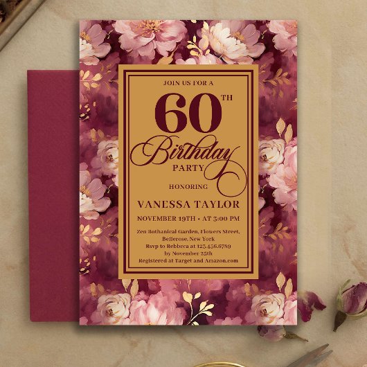 Classic 60th Birthday Deep Red Blush Gold Invites Einladung
