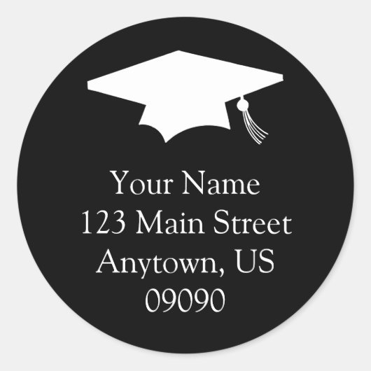 Classic Abschluss Address Label (Schwarz) Runder Aufkleber (Vorderseite)