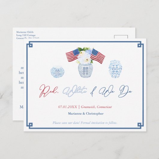 Classic All American Red White We Do Save the Date Ankündigungspostkarte (Vorne/Hinten)