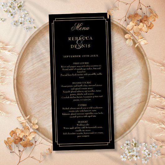 Classic Art Deco Black and Gold Wedding Menükarte