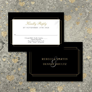 Classic Art Deco Black and Gold Wedding RSVP Karte