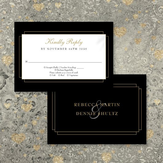 Classic Art Deco Black and Gold Wedding RSVP Karte